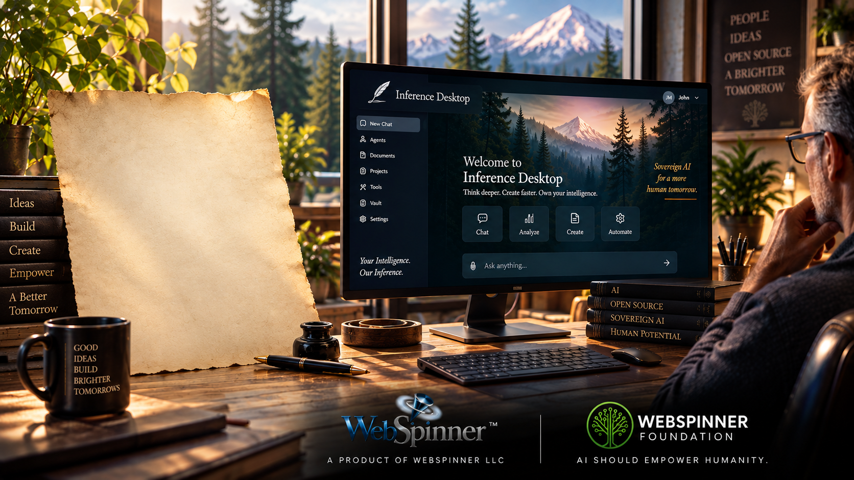 A sunlit workspace overlooking a forest and snow-covered mountain, with parchment, a quill, and the Inference Desktop concept on a monitor.